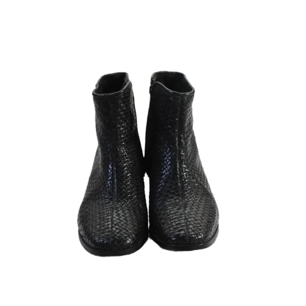 St. Agni Womens Woven Leather Block Heel Zip Up Ankle Boots Black Size 9_2